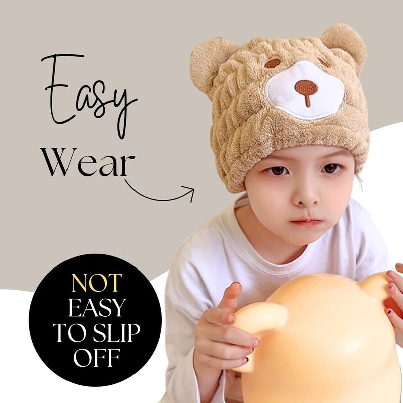 LCBD Microfiber Hair Towel Wrap for Kids, Brown Bear Dry Hair Cap Suck Water, Absorbent Quick Girls Boys Hair Drying Towel, Lightweight Bouncy Hat Headscarf for Wet Hair - Image 2